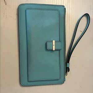 Kate Spade Aqua Wristlet with Gold Accents